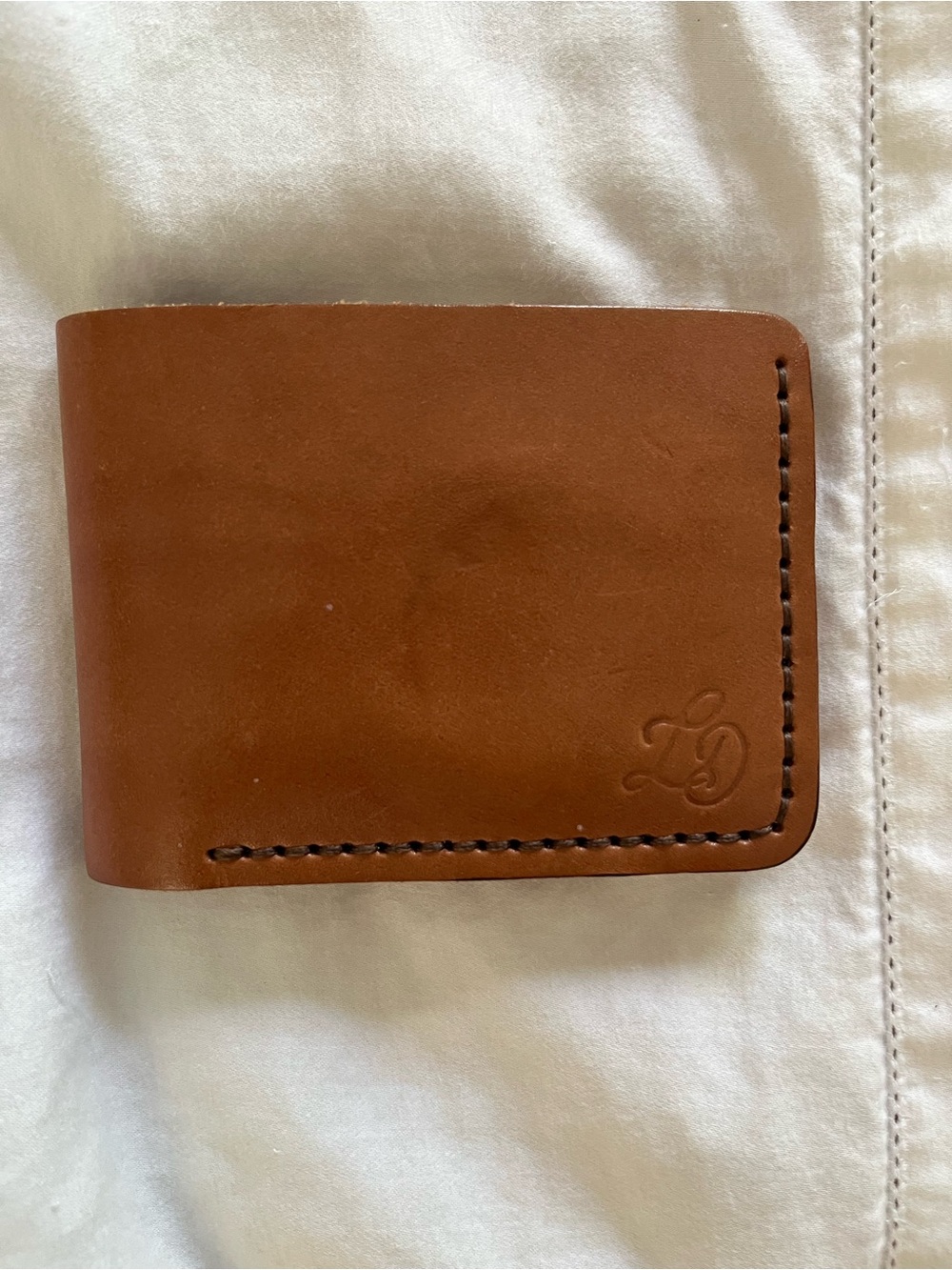 Hand-stitched Tan Leather Money Clip Wallet with Subtle Monogram